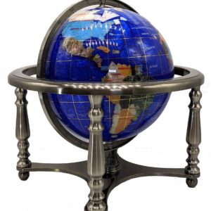 Limited Edition! Unique Art Since 1996 Blue Pearl Swirl Table Top Gemstone World Globe with Silver Zinc Alloy Stand (220MM/9 INCHES 4 LEG/BLUE PEARL OCEAN)