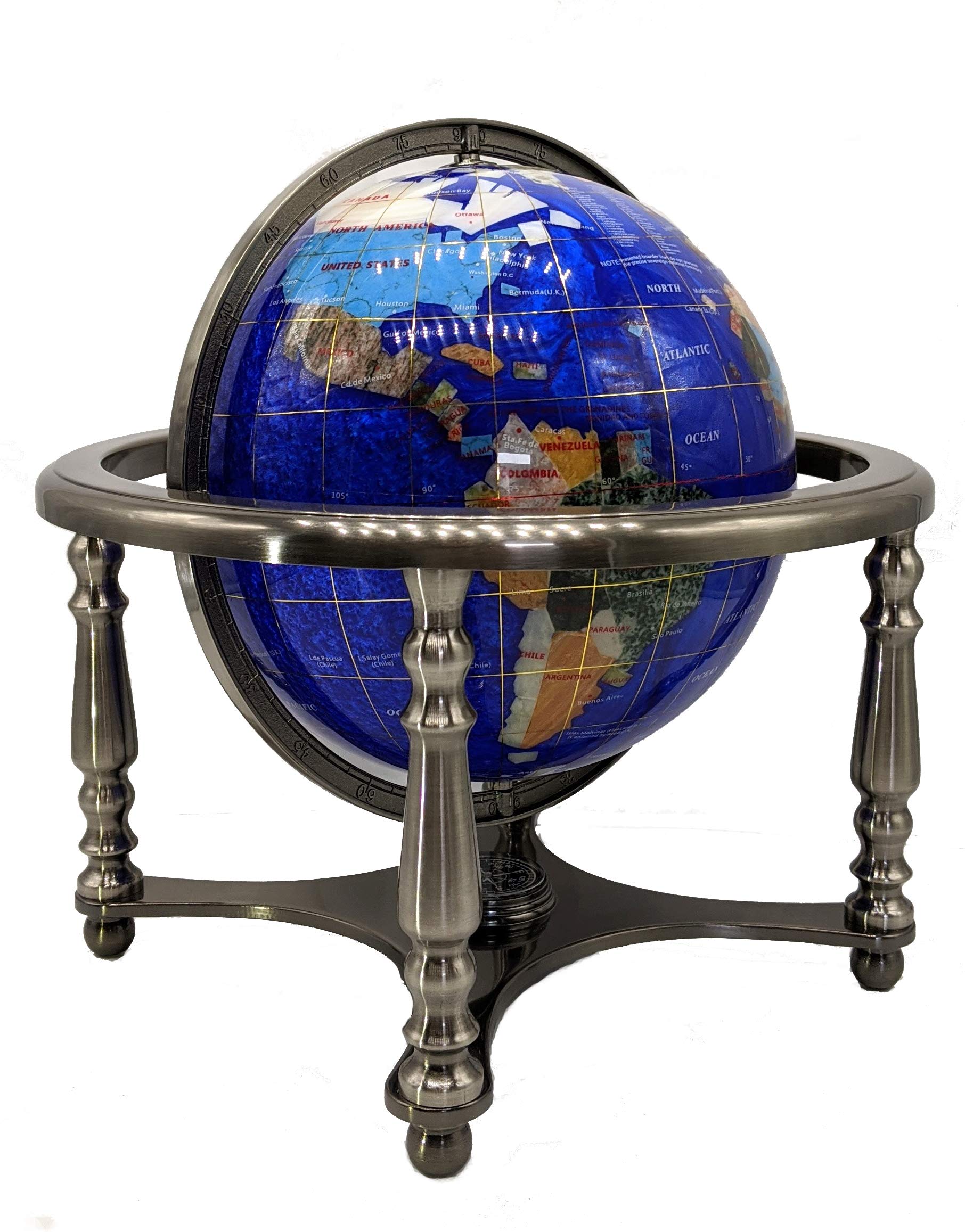 Limited Edition! Unique Art Since 1996 Blue Pearl Swirl Table Top Gemstone World Globe with Silver Zinc Alloy Stand (220MM/9 INCHES 4 LEG/BLUE PEARL OCEAN)