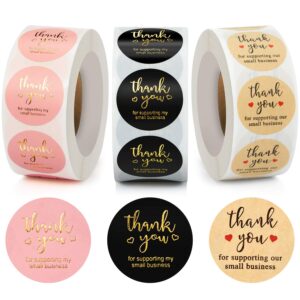 3 rolls thank you stickers labels seals thank you for supporting my small business stickers roll, round kraft stickers thank you purchase stickers with gold foil (pink black brown, 1 inch)