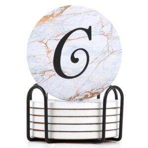 monogrammed coasters for drinks absorbents with holder, set of 6 ceramic marble style drink coaster with cork base,personalized coasters customizable with name, housewarming gifts