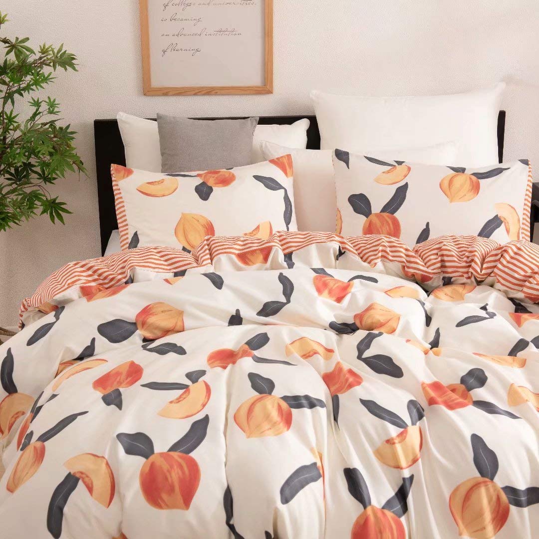 Peach Bedding Cute Queen Duvet Cover Set Soft Striped Duvet Cover with 1 Duvet Cover and 2 Pillowcases（Peach Queen）