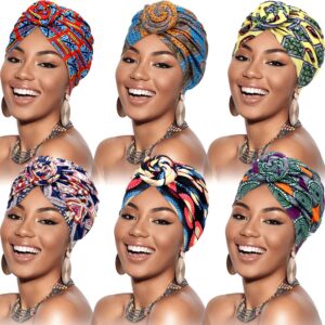 SATINIOR 6 Pieces Women African Turban Flower Knot Pre-Tied Bonnet Beanie Cap Headwrap (Blue Yellow Flower)