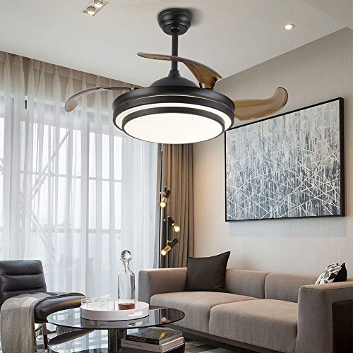 DYRABREST 42" Modern LED Invisible Ceiling Fan Lights and Remote 4 Retractable Brown Blades Chandelier Fan Lighting for Home Indoor Bedroom Diningroom Livingroom (Black)