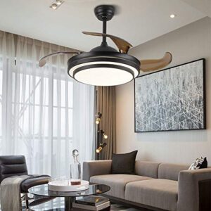 dyrabrest 42" modern led invisible ceiling fan lights and remote 4 retractable brown blades chandelier fan lighting for home indoor bedroom diningroom livingroom (black)