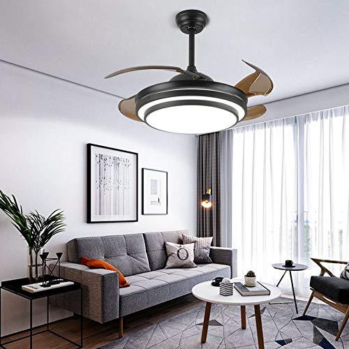 DYRABREST 42" Modern LED Invisible Ceiling Fan Lights and Remote 4 Retractable Brown Blades Chandelier Fan Lighting for Home Indoor Bedroom Diningroom Livingroom (Black)