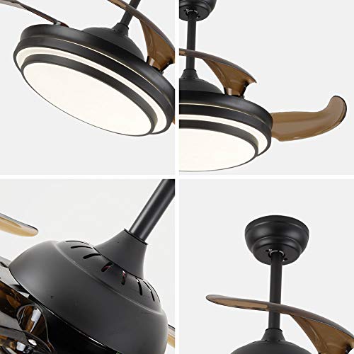 DYRABREST 42" Modern LED Invisible Ceiling Fan Lights and Remote 4 Retractable Brown Blades Chandelier Fan Lighting for Home Indoor Bedroom Diningroom Livingroom (Black)