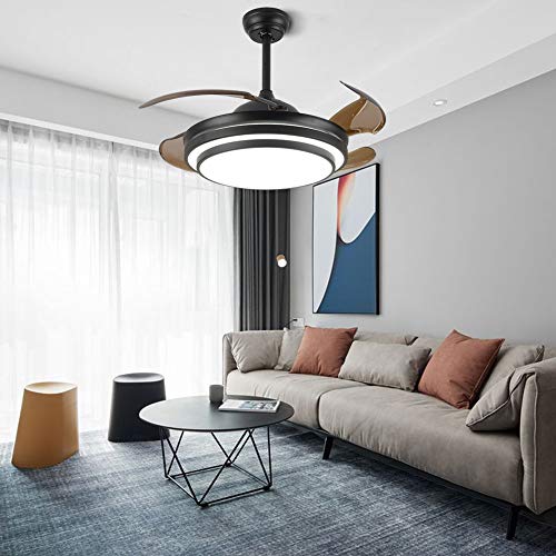 DYRABREST 42" Modern LED Invisible Ceiling Fan Lights and Remote 4 Retractable Brown Blades Chandelier Fan Lighting for Home Indoor Bedroom Diningroom Livingroom (Black)