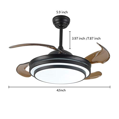 DYRABREST 42" Modern LED Invisible Ceiling Fan Lights and Remote 4 Retractable Brown Blades Chandelier Fan Lighting for Home Indoor Bedroom Diningroom Livingroom (Black)