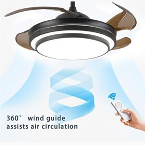 DYRABREST 42" Modern LED Invisible Ceiling Fan Lights and Remote 4 Retractable Brown Blades Chandelier Fan Lighting for Home Indoor Bedroom Diningroom Livingroom (Black)