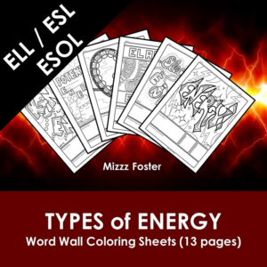 types of energy esl / ell / esol word wall coloring sheets (13 pgs.)