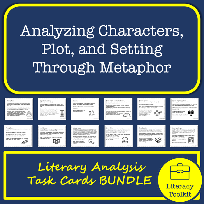 Literary Analysis Through Metaphor Task Cards Bundle: Analyzing Characters, Setting, and Plot