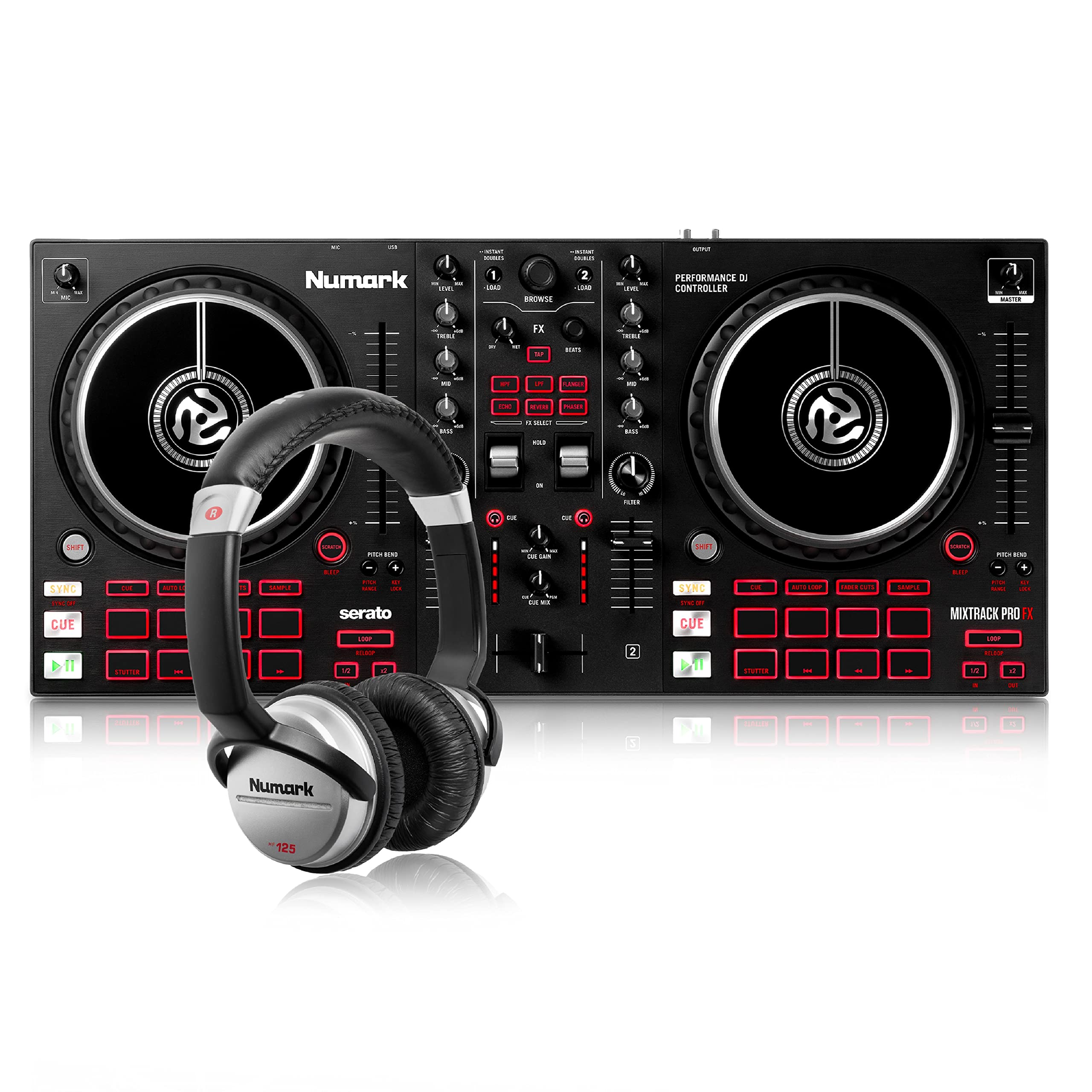 Numark Mixtrack Pro FX + HF125 – 2 Deck DJ Controller For Serato DJ with DJ Mixer, Built-in Audio Interface, and Professional DJ Headphones