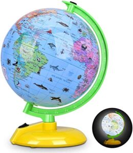 8" world globe for kids with led night light, small desktop globe with stand, colorful, easy-read, battery powered, globe map learning tool educational gift for students