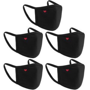5 pieces cute heart face mask unisex black heart face protection reusable valentine's day face covering dust-proof windproof mouth protection for outdoor activities