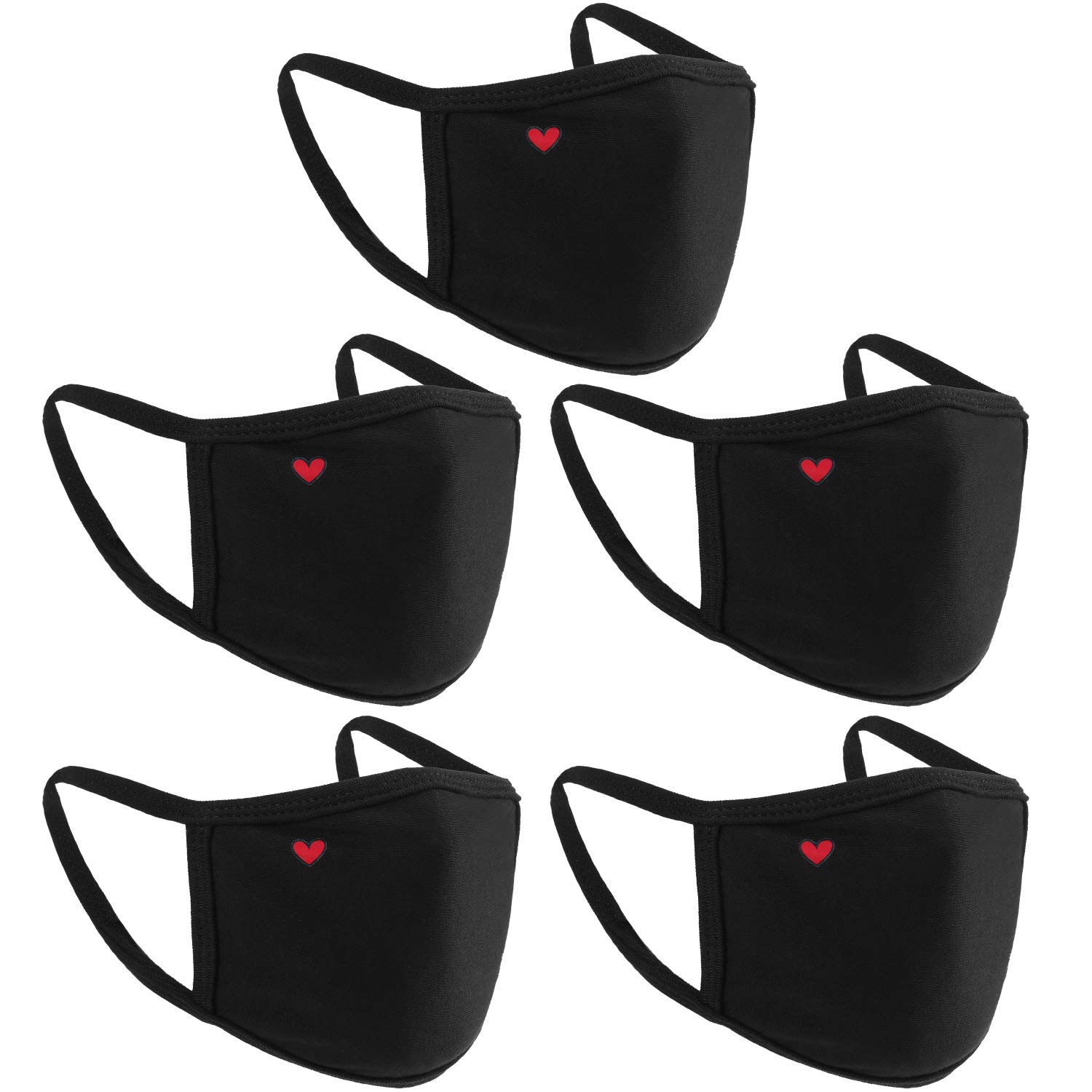 5 Pieces Cute Heart Face Mask Unisex Black Heart Face Protection Reusable Valentine's Day Face Covering Dust-proof Windproof Mouth Protection for Outdoor Activities