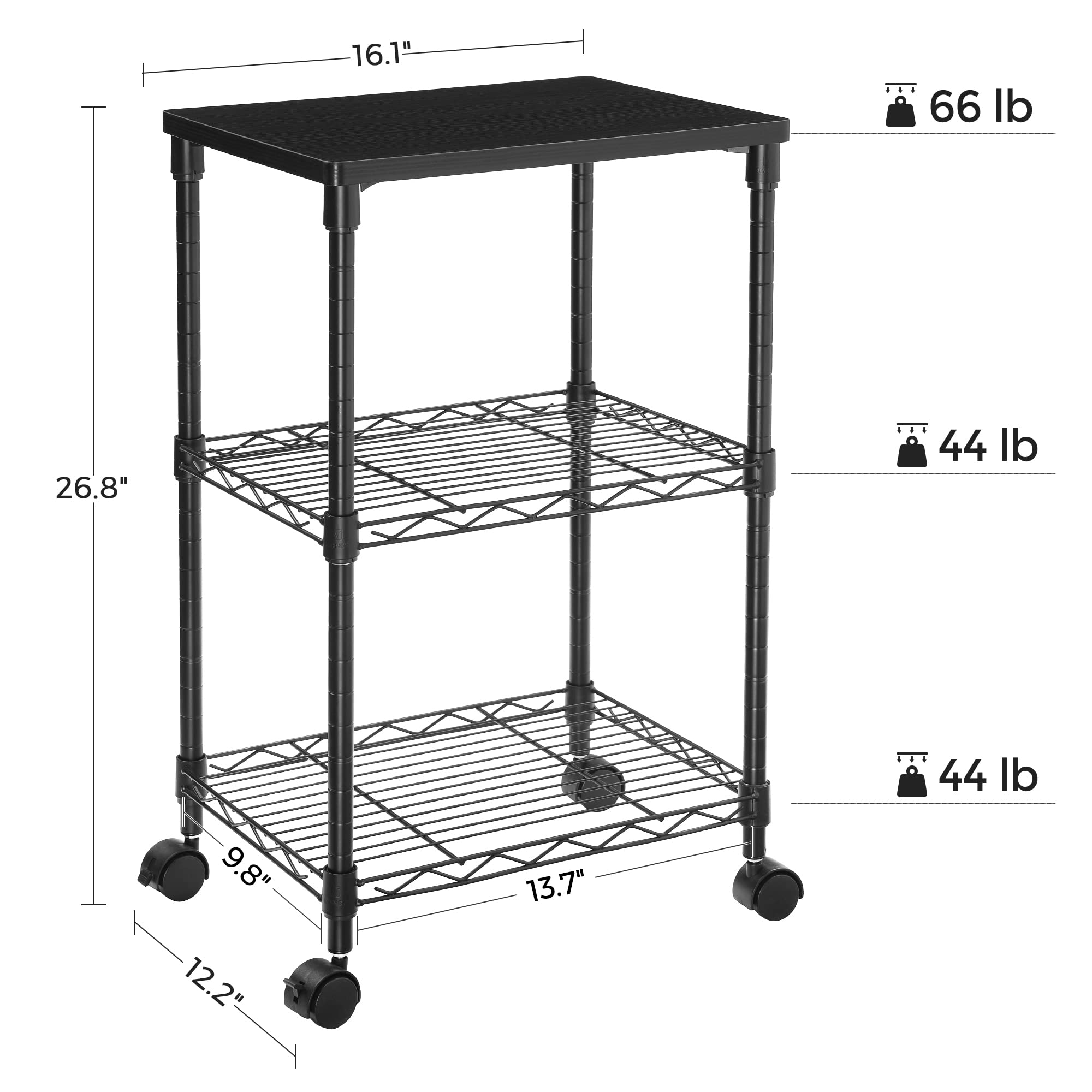 SONGMICS 3 Tier Printer Stand, Printer Table with Wheels, Rolling Printer Cart, Printer Desk with Metal Frame for Home Office, 16.1 x 12.2 x 26.8 Inches, Black ULGR303B01