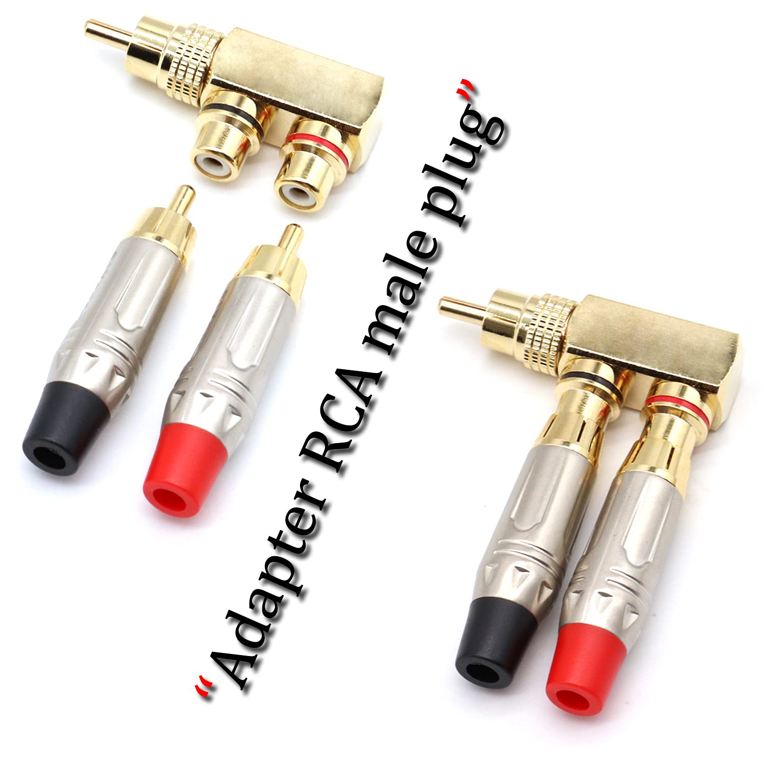 LOCHSOEL RCA Splitter Adapter,Right Angle RCA Male to 2 RCA Female AV Splitter Adapter Gold Plated Connector(2Pack)