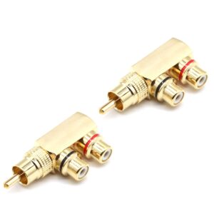 LOCHSOEL RCA Splitter Adapter,Right Angle RCA Male to 2 RCA Female AV Splitter Adapter Gold Plated Connector(2Pack)