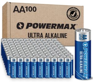 powermax 100-count aa batteries, ultra long lasting alkaline battery, 10-year shelf life, reclosable packaging