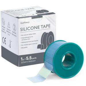 lotfancy medical silicone tape, 2rolls 1”×5.5 yds, waterproof adhesive surgical tape, soft skin tape for surgery first aid, wound, bandage and sensitive skin