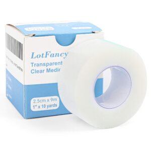 lotfancy transparent medical tape, 2 rolls, adhesive clear hypoallergenic surgical tape, pe first aid tape for wound, bandage, 1inch x 10yards, sensitive skin, latex free