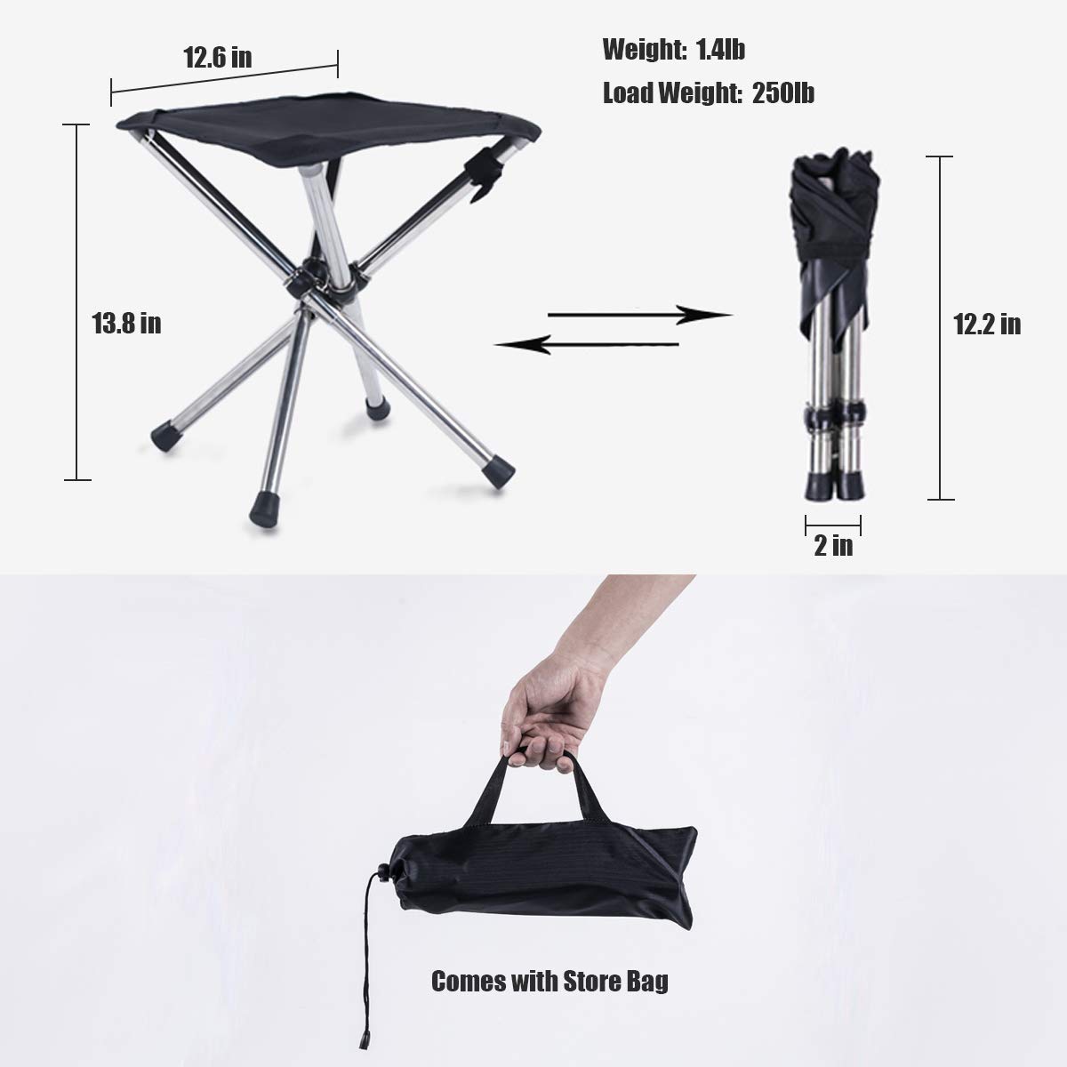 OutyFun - Portable Folding Stool - Load 250LB Stainless Steel Outdoor Slacker Retractable Foldable Chair with Storage Bag for Hiking, Beach, Camping, BBQ and Fishing