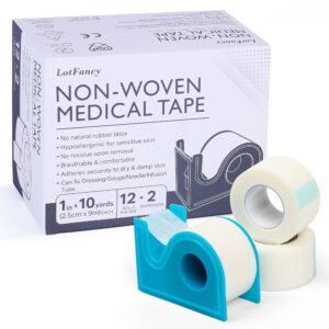 lotfancy medical tape,12rolls 1inch x 10yards, surgical paper tapes, wound first aid tape, 2 dispensers included