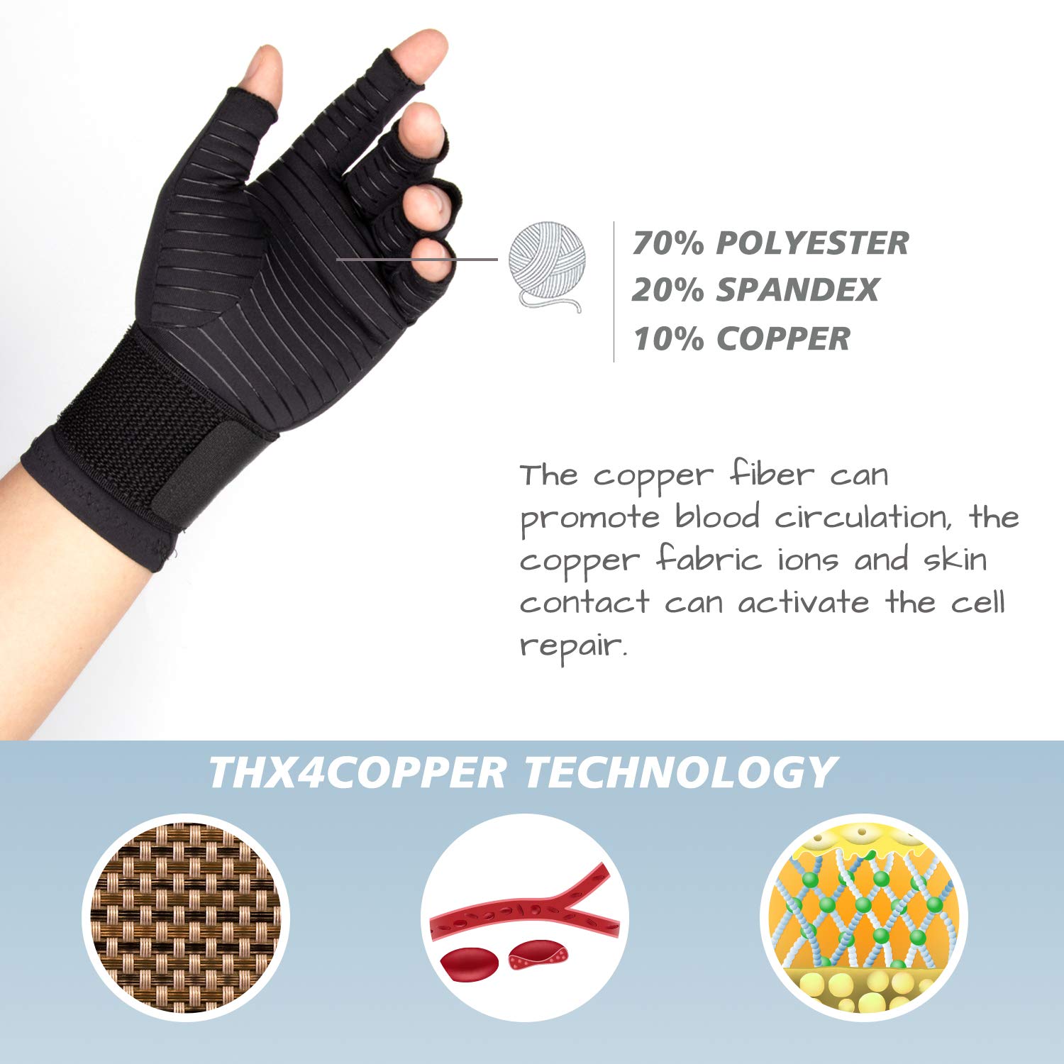 THX4COPPER Compression Arthritis Gloves with Strap, Carpal Tunnel,Support