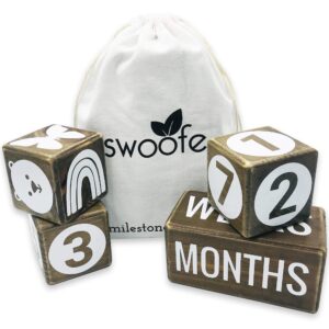 swoofe baby milestone age blocks for boy or girl - non toxic natural rustic walnut pine wood - milestone blocks set - weekly monthly first year picture newborn photography prop, perfect shower gift