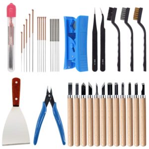 hawkung 35 pieces 3d printer accessories tool kit, 7 size cleaning needles, tweezers, pliers, scraper, cleaning brushes, clean up knives come for 3d printing model removing, cleaning, finishing