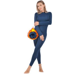 qualidyne women’s thermal underwear ultra-soft base layer long johns set winter sports top and bottom suits navy blue