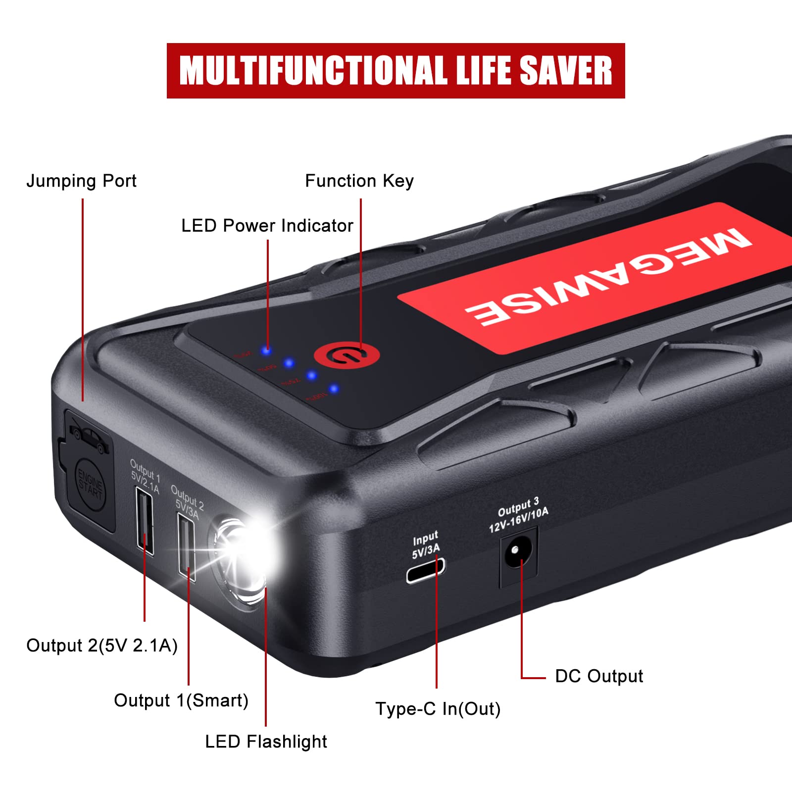 MEGAWISE 2500A Peak 21800mAh Car Battery Jump Starter (up to 8.0L Gas/6.5L Diesel Engines) 12V Portable Power Pack Auto Battery Booster with Dual USB Outputs