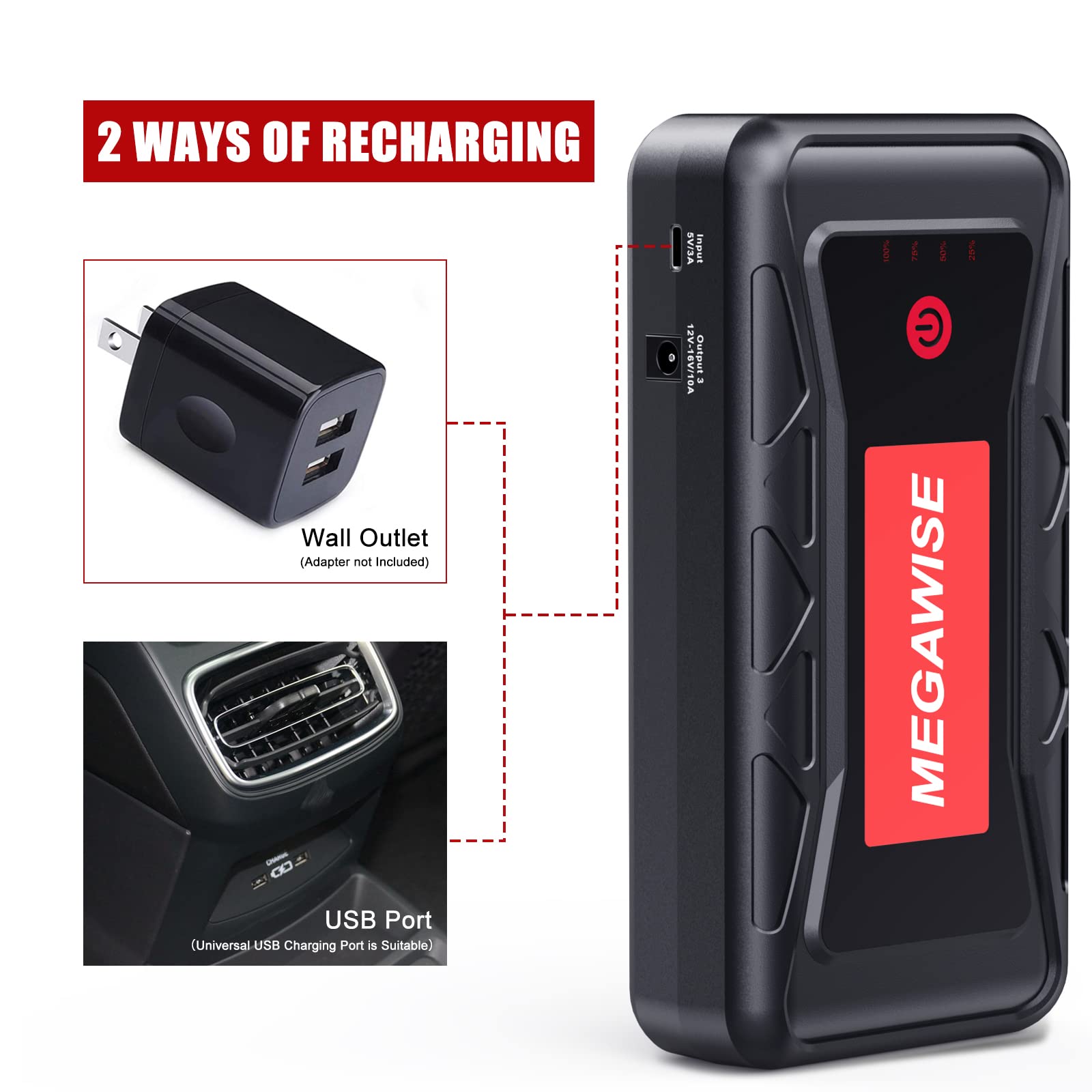 MEGAWISE 2500A Peak 21800mAh Car Battery Jump Starter (up to 8.0L Gas/6.5L Diesel Engines) 12V Portable Power Pack Auto Battery Booster with Dual USB Outputs