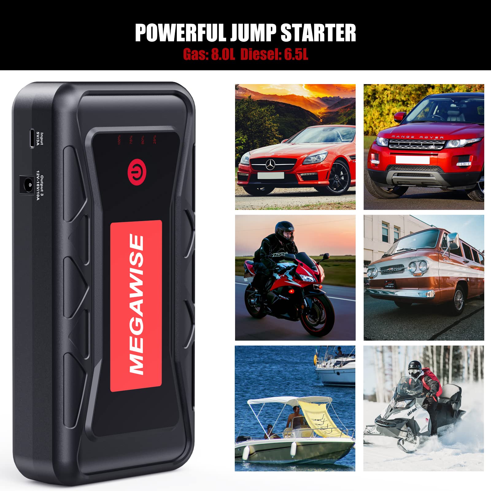 MEGAWISE 2500A Peak 21800mAh Car Battery Jump Starter (up to 8.0L Gas/6.5L Diesel Engines) 12V Portable Power Pack Auto Battery Booster with Dual USB Outputs