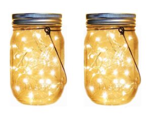 casabits decor solar mason jar lights, 2 pack 10 led warm white - hanging solar garden lights - solar led outdoor lights for patio or garden – beautiful decorative lights – hanging solar garden lights