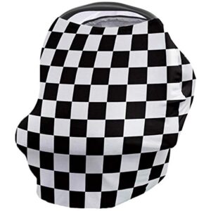 car seat canopy nursy cover, simple black and white checkered flag multi use breastfeeding scarf for infant carseat canopy, stroller, shopping cart, highchair