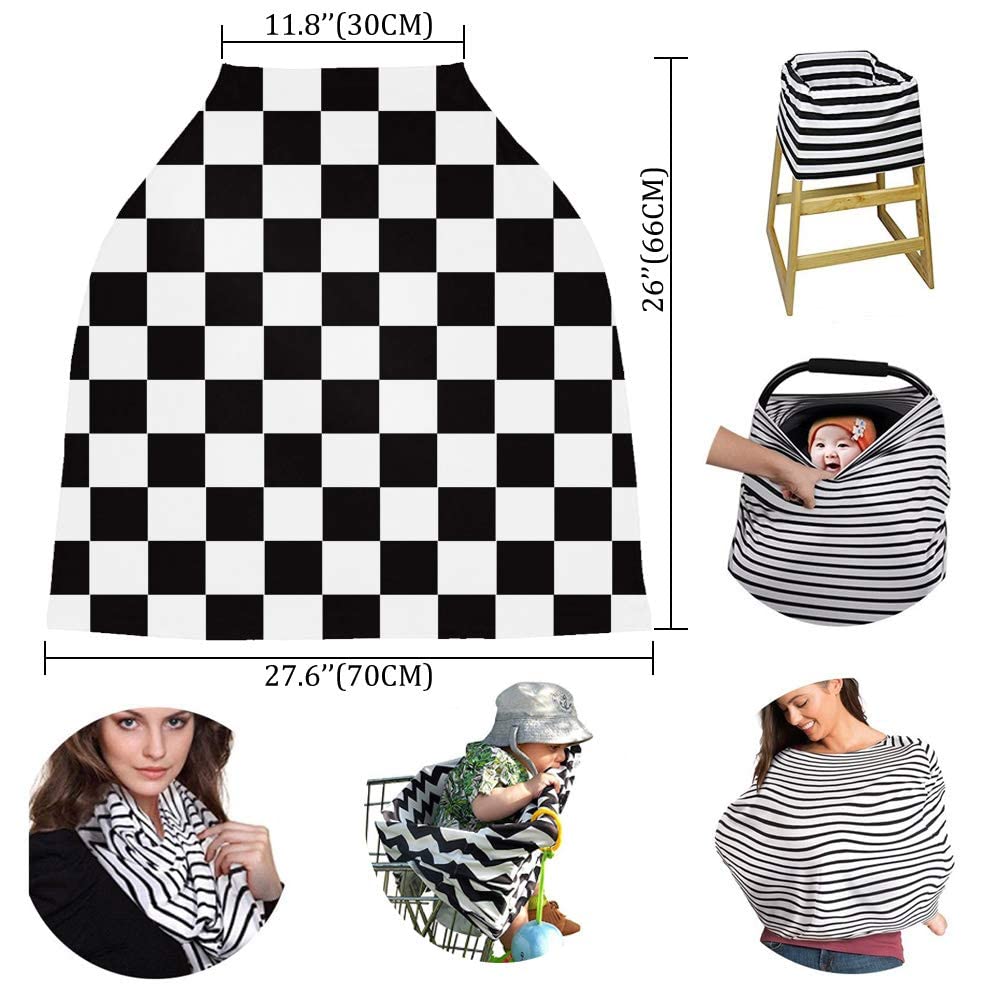 Car Seat Canopy Nursy Cover, Simple Black and White Checkered Flag Multi Use Breastfeeding Scarf for Infant Carseat Canopy, Stroller, Shopping Cart, Highchair