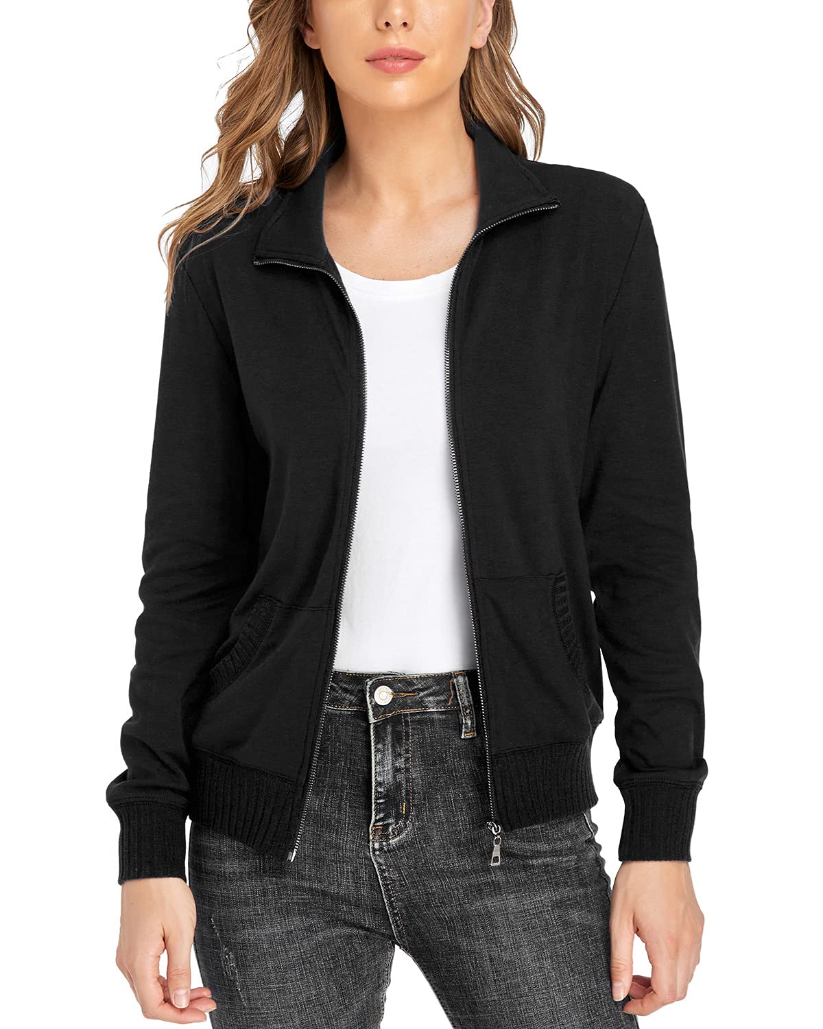 andy & natalie Women's Zip up Jackets Sweatshirts Jacket Stand Collar Jacket with Pockets