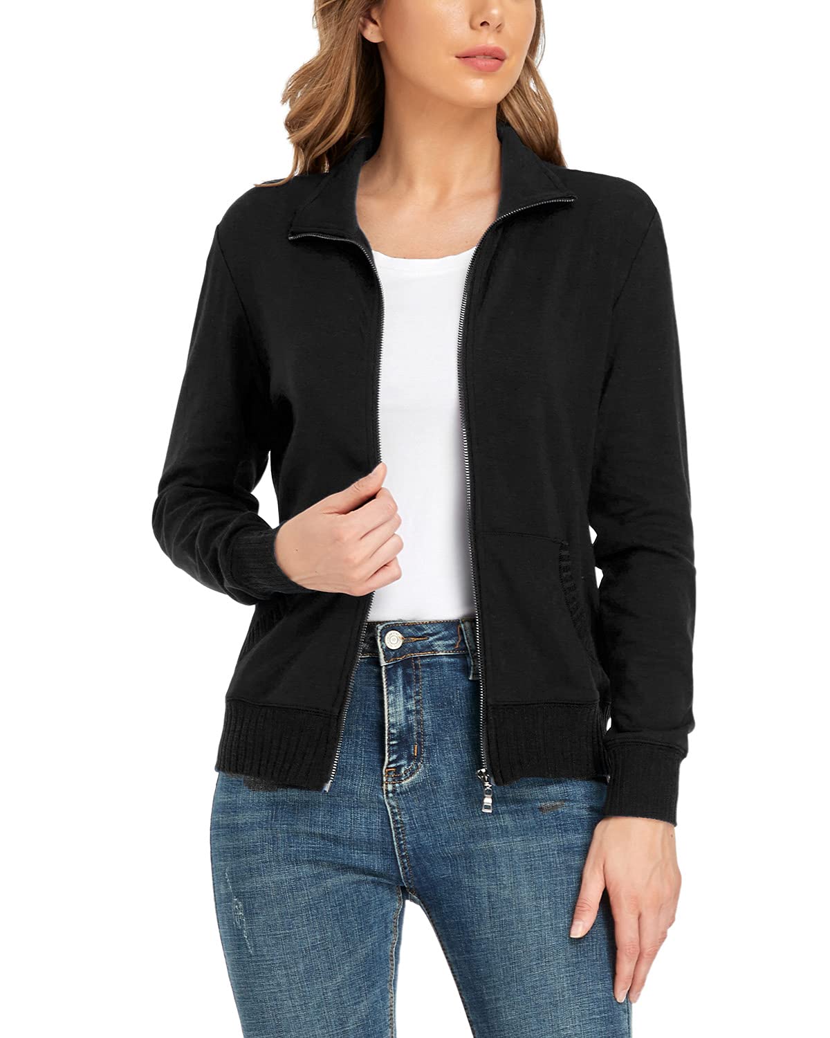 andy & natalie Women's Zip up Jackets Sweatshirts Jacket Stand Collar Jacket with Pockets