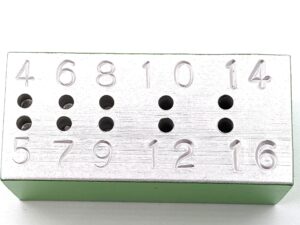 highly accurate aluminum tungsten stick-out gauge for tig welding, wrapped in lime green powder paint. made in usa