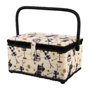 singer sewing basket with sewing kit, needles, thread, scissors, and notions (plaid forms print)