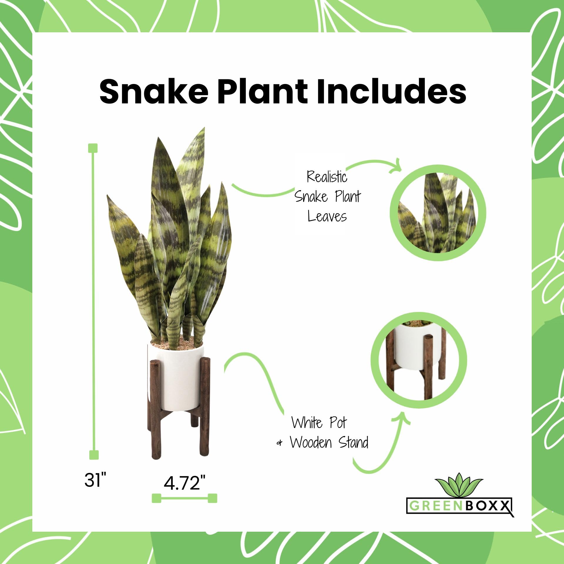 GreenBoxx Artificial Snake Plant Pot, 27" Portable Faux Potted Air-Purifying Indoor Plant | Home Décor Window Wedding Décor Arrangement Garden Ceramic Pot & Stand Included (White Pot, Green-Black)