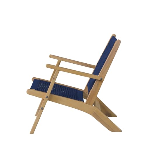 Patio Sense 63634 Vega Natural Stain Outdoor Chair Acacia Wood Construction Woven Web Seat Mid Century Design Comfortable Reclining Armchair Patio Lawn Garden Backyard Deck - Navy Blue Cording