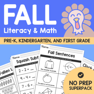 fall literacy & math no prep superpack – pre k, kindergarten, first grade – common core math & english worksheets