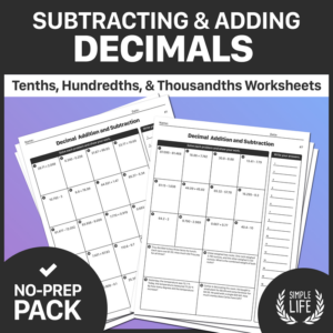 subtracting & adding decimals – tenths, hundredths, & thousandths decimals worksheet drills