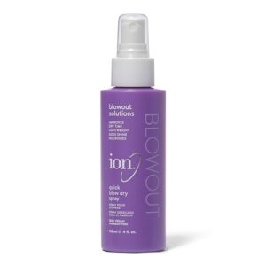 ion blowout quick blow dry spray, primes hair, reduces blow dry time, lightweight, improves manageability