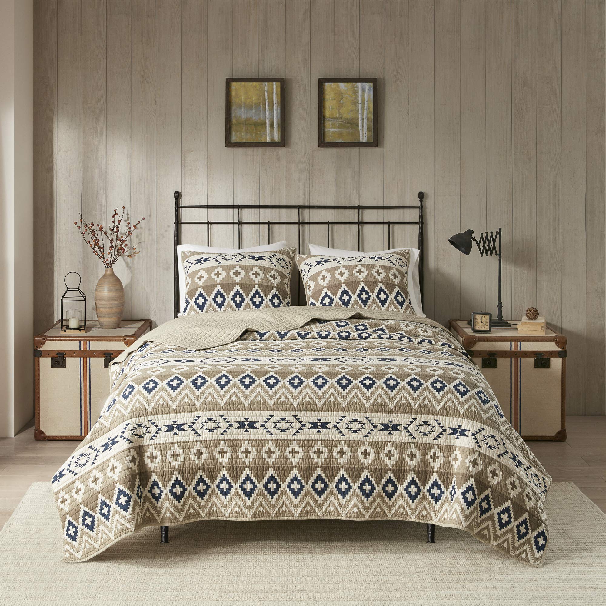 Woolrich Reversible Quilt Cabin Lifestyle Design - All Season, Breathable Coverlet Bedspread Bedding Set, Matching Shams, Oversized Full/Queen, Montana Tribal Tan 3 Piece