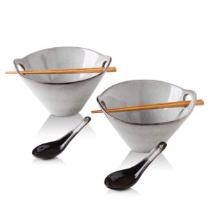 koov porcelain ramen bowls and spoons set of 2 - japanese ramen noodle bowl with chopsticks and spoons, 26 ounce deep pho bowl, reactive glaze (variable grey)