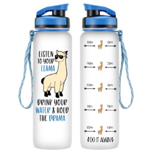 leado 32oz 1liter motivational tracking water bottle with times to drink - listen to your llama, llama gifts - funny mothers day, birthday gifts for women, sister, daughter, coworker, her