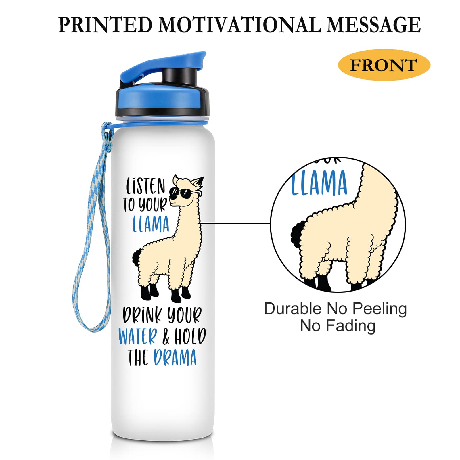 LEADO 32oz 1Liter Motivational Tracking Water Bottle with Times to Drink - Listen to Your Llama, Llama Gifts - Funny Mothers Day, Birthday Gifts for Women, Sister, Daughter, Coworker, Her